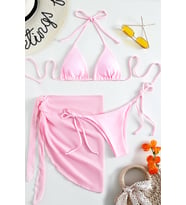 Angelsin Pareolu Bağlamalı 3'lü Bikini Takım Set (Çıkartılabilir Kaplı) (Pembe)