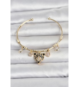 Pirinç Gold Renk Leopar Detaylı Charmlı Kadın Bileklik TJ-BB8490