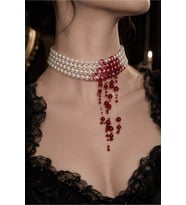 Halloween Kolye Cadılar Bayramı İnci Choker Tasma Kolye Bordo Kırmızı Boncuklu Sarkan Tasarım Kolye