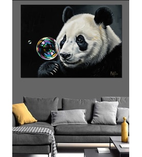 Baloncuk Üfleyen Sevimli Dev Panda Dekoratif Kanvas - Mdf Ahşap Tablo
