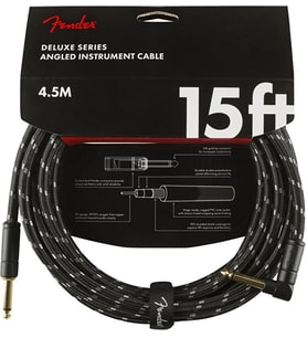 FENDER 0990820085 Deluxe Düz/L Uçlu Enstrüman Kablosu (4.5m) Siyah Tweed Örgü Kaplama, Dayanıklı Konnektörler, Sahne ve Stüdyo Kullanımı Uyumlu