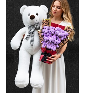 Sevgiliye Ozel Hediye - 90cm Ayıcık ve Premium 12 Ayıcıklı Leopar Desenli Ayıcık Buketi - Romantik