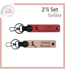 Sporcu Ruhlu Kız Sevgiliye Özel Futbol Temalı Anahtarlık Set, İsim Yazılabilir, Nar Çiçek-Yavru Ağzı