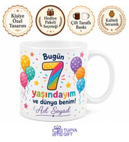 İsimli Kupa 7 Yaş Doğum Günü Baskılı Hediye Bardak Özel Tasarım