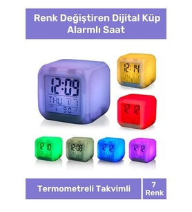 Hediyelik Dekoratif Termometreli Takvimli 7 Renk Değiştiren Dijital Küp Alarmlı Masa Çalar Saat