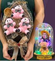 Kişiye Özel Renkli Led Işıklı Fanus ve Büyük Boy Pembe Ayıcık Buketi (Model 9)