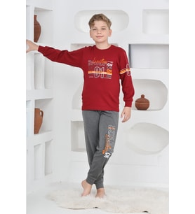 Erkek Çocuk Baskılı %100 Pamuk İnterlok Kumaş Pijama Takımı 12446 MODANINO (Bordo)