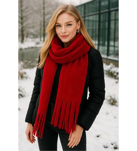 Neşeli butik kadın peluş dokulu ucu püsküllü kışlık şal atkı NBAKS048 (Kırmızı)