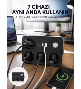 3 USB Çıkışlı 4’lü Akıllı Priz 2500W 2 Metre Kablo