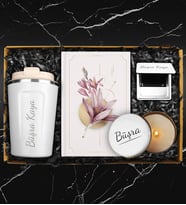 Kişiye Özel Çelik Bardak Termos & Tasarım Defter & Beyaz Ayna & Mum Hediye Seti