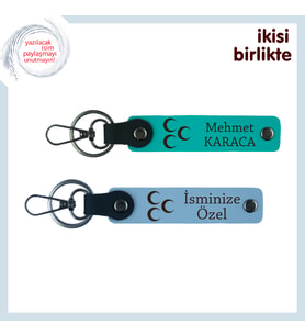 Çiftlere Anlamlı Hediye – Üç Hilal ve İsimli 2’li Anahtarlık Takımı, Koyu Turkuaz-Mavi