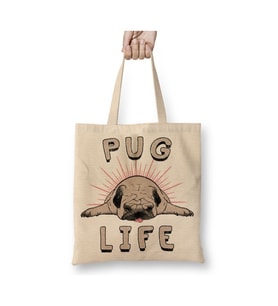 Pug Life Köpek Beyaz Bez Çanta Uzun Saplı Alışveriş Çantası Plaj Çantası