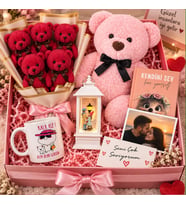Sevgiliye Romantik Hediye Kutusu 5'li Ayıcık Buketi Pembe Peluş Ayıcık Kupa Defter Fotoğraf ve Dekoratif Işıklı Hediye Seti