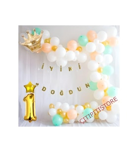 1 Yaş Beyaz Somon Yeşil Makaron Zincir Balon Seti
