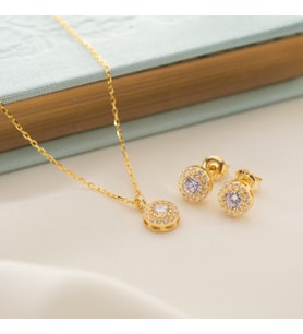 925 Ayar Gümüş Haziran Ayı Oval Taşlı Kolye+Küpe Seti (Sarı)