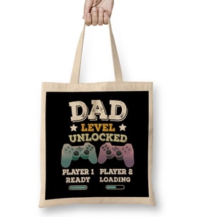 Dad Level Unlocked Gaming New Dad Baby Announcement Fathers Day Daddy To Be Video Game First 02 Bez Çanta Uzun Saplı