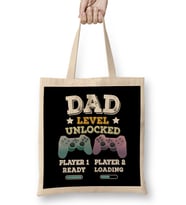 Dad Level Unlocked Gaming New Dad Baby Announcement Fathers Day Daddy To Be Video Game First 02 Bez Çanta Uzun Saplı