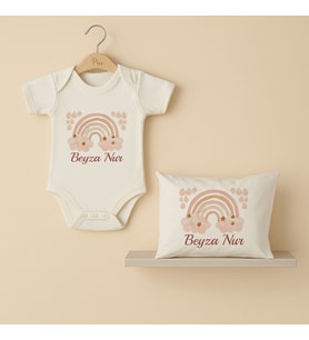 Pia Baby Premium %100 Pamuk İsme Özel Organik Baskılı Çıtçıtlı Bebek Body Ve Yastık Kılıfı 5021-19 (Ekru)