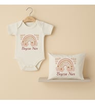 Pia Baby Premium %100 Pamuk İsme Özel Organik Baskılı Çıtçıtlı Bebek Body Ve Yastık Kılıfı 5021-19 (Ekru)