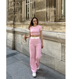 Crop pantolon biyeli takım pembe