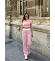 Crop pantolon biyeli takım pembe