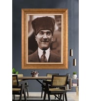 Altın Varaklı Çerçeveli Paspartulu Atatürk Tablo nh38 (Gold)