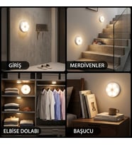 Günışığı Kablosuz Şarjlı Sensörlü Spot Işık 3'lü Set - Yapışkanlı Merdiven, Gardırop, Tezgah Altı ve Başucu Aydınlatması