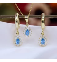 Akua Beyaz Taşlı Minimal Anturaj Damla Gümüş Kolye Küpe Takım