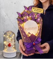 Kişiye Özel Aynalı Tasarım Led Işıklı Mor Kelebek Buketi (Led Işıklı Fanus Hediyeli) (Model 1)