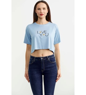 Oversize Baskılı Crop Tişört - Mavi