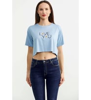 Oversize Baskılı Crop Tişört - Mavi