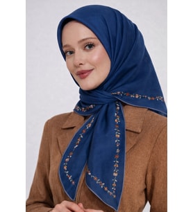 Bonjela Soft Eşarp Minimal Çiçek Desen İndigo Mavi