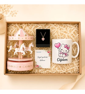 Kişiye Özel Hello Kitty Kupa Bardak Ve Kalpli Kolye Seti Müzikli Atlı Karınca Romantik Hediye Kutusu