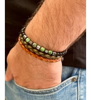 %100 Deri&Hematit Kombinli 3lü Erkek Bileklik Set 21 cm (Türk El Üretimi) (HAKI-KAHVE)