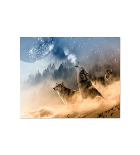 Ahşap Tablo Kurtlar Orman Ve Yıldızlar (50x70 Cm Boyut)