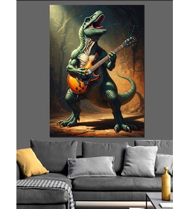 Gitar Çalan Rockçı Dinozor Figürü Dekoratif Kanvas - Mdf Ahşap Tablo