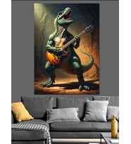 Gitar Çalan Rockçı Dinozor Figürü Dekoratif Kanvas - Mdf Ahşap Tablo