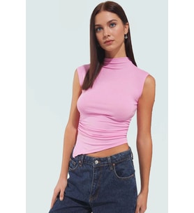 Dik Yaka Fitted Örme Bluz Regular Boy Asimetrik Kesim Mükemmel Uyum Özel Tasarım (Açık Pembe)