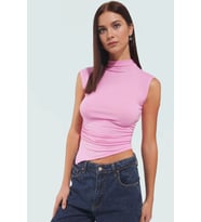 Dik Yaka Fitted Örme Bluz Regular Boy Asimetrik Kesim Mükemmel Uyum Özel Tasarım (Açık Pembe)