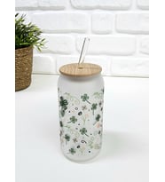 Bambu Kapaklı Yonca Yaprak Çiçek Desenli Pipetli Buzlu Cam Bardak (Çok Renkli)