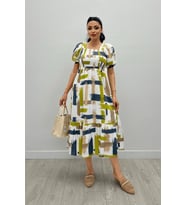 Poplin Kumas Göğüsü Büzgü  Detaylı Midi Elbise - YEŞİL