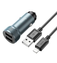 HOCO Z49 Çift USB Girişli Araç Şarj Başlık + USB To iPhone Lightning Kablo-(57 - LOHO6009-138 (Siyah)