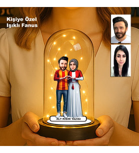 Kişiye Özel Çift Karikatür Taraftar Fanus  Sevgili  Işıklı Biblo