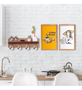 BK Home Doğal Ahşap Raflı Dekoratif Fincan Askılığı ve 2’li Mutfak Konseptli Ahşap Tablo-5 (Beyaz)