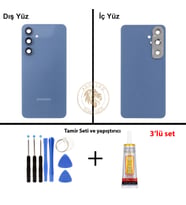 Samsung Galaxy S24 FE Mavi Renk Lensli Arka Kapak + Tamir Seti + B7000 Yapıştırıcı Arka Cam Batarya Kapağı Pil Kapağı Lazer Kesim Back Cover Galaxy S24 FE Uyumlu