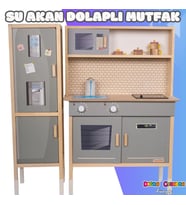 Dolaplı Musluktan Su Akan Işıklı Ahşap Mutfak - Ahşap Çocuk Mutfağı ve Buzdolabı - Ledli Mutfak Seti