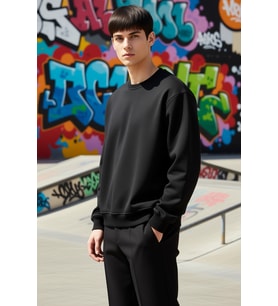 Erkek Bisiklet Yaka Düşük Kol Oversize Kalın Nakışlı Sweatshirt Fonksiyonel Dayanıklı Spor