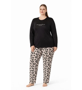 Kadın 7261 Büyük Beden Uzun Kol Likralı Milan Pijama Takımı