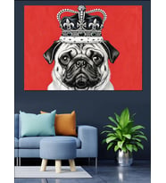 Siyah Beyaz Kraliyet Taçlı Pug Köpek Kırmızı Fon Dekoratif Kanvas - Mdf Ahşap Tablo