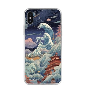 Iphone X / Xs Uyumlu Kanagawa Dalga Kolaj Desenli Şeffaf Telefon Kılıfı